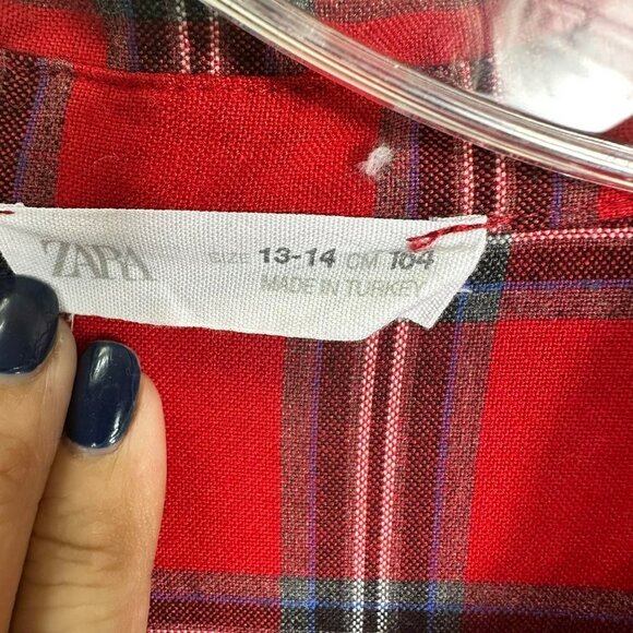 Zara Plaid Flannel Red Blue Long Sleeve Button Up  Shirt  Dress Size 13 14 - Picture 10 of 12